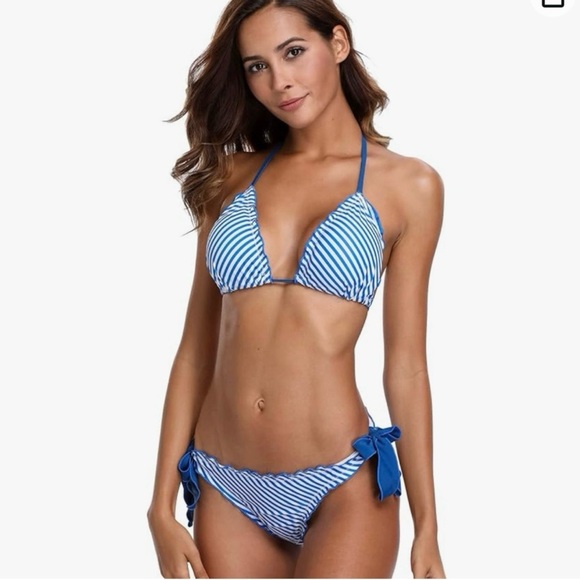 UPF50+ Sun Protection Bikini Blue White Striped Ruffle Large - Picture 5 of 8